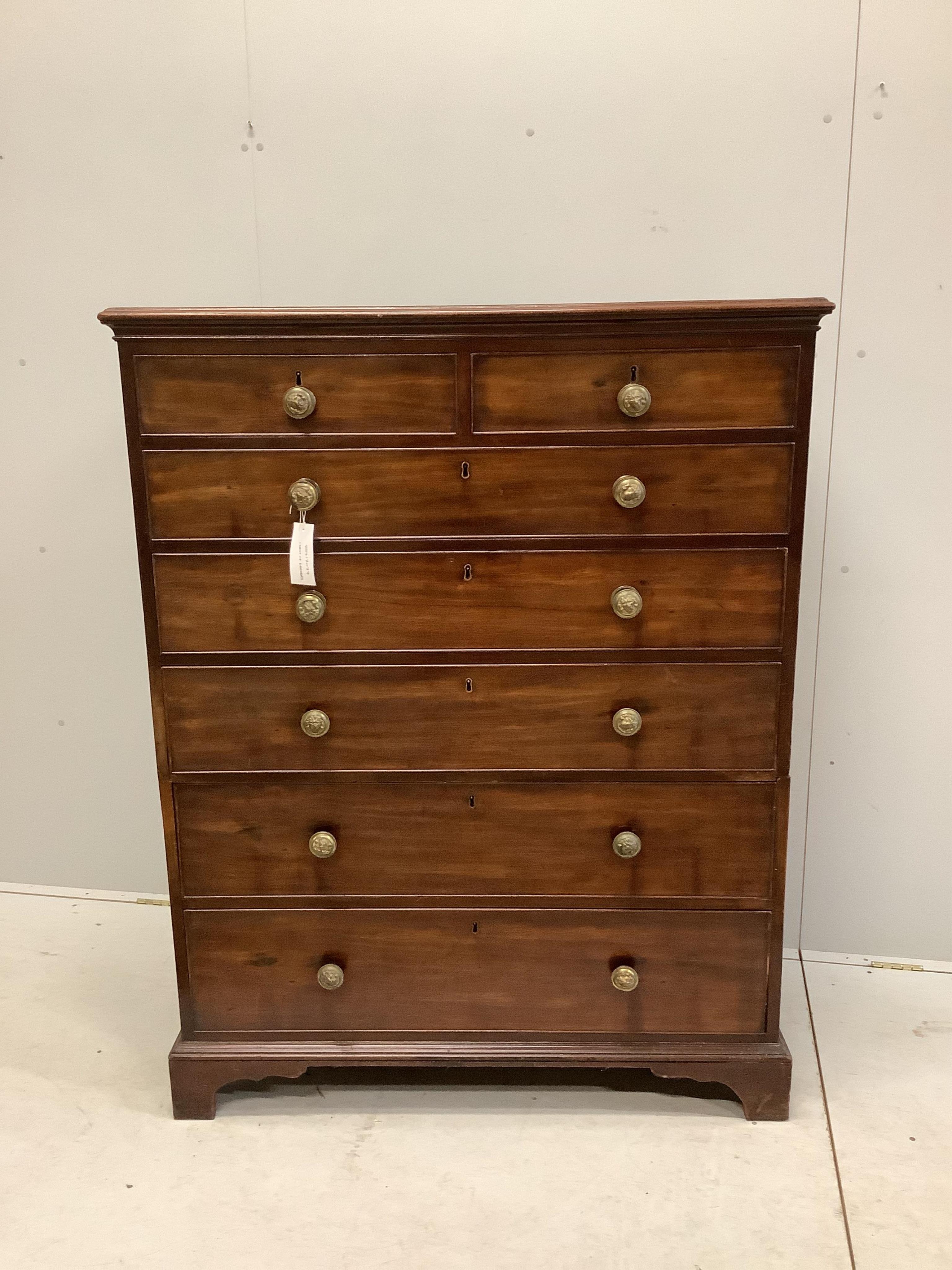 A George IV mahogany two part chest of two short and five long drawers, width 111cm, depth 58cm, height 142cm. Condition - fair